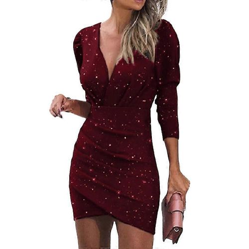 Robe De Cocktail Moulante Froncée À Manches Longues Et Col En V Pour Femme