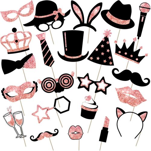 Ershi-24 Pièces Accessoires De Photobooth De Fête Mélange De Chapeaux, Verre À Vin, Rouge À Lèvres, Cravate, Couronnes Pour Annive[5024]