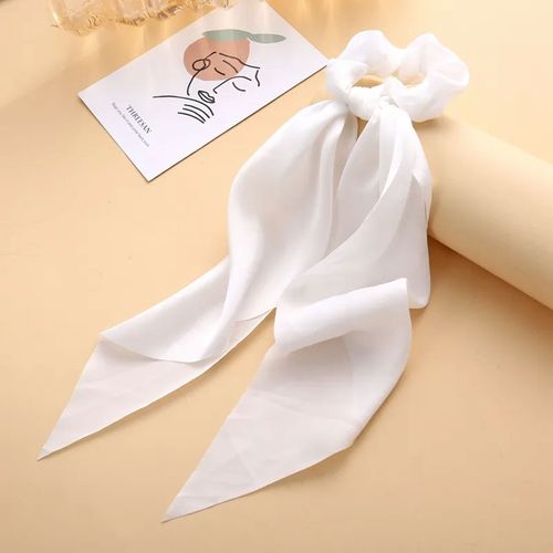 Chouchou Foulard Long Pour Cheveux En Satin À Double N?ud Volant Blanc