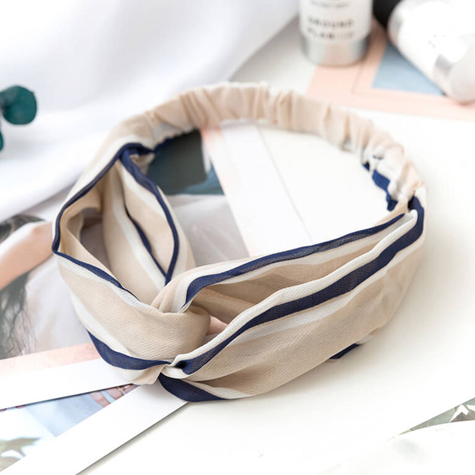 Bandeau Torsadé Pour Cheveux En Tissu Voile À Rayures Vintage Beige