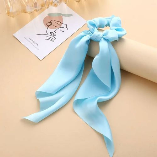 Chouchou Foulard Long Pour Cheveux En Satin À Double N?ud Volant Bleu
