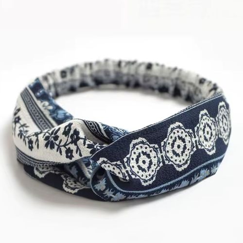 Bandeau Torsadé Pour Cheveux En Voile Épais Fleuri Bohème Bleu Foncé