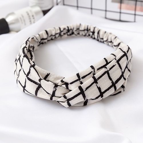 Bandeau Torsadé Pour Cheveux Casual En Tissu Crêpe À Carreaux Rétro Blanc