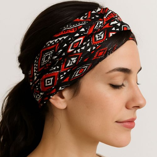 Bandeau Croisé Pour Cheveux En Coton Doux Imprimé Aztèque Rouge Et Noir