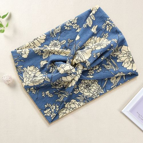Bandeau Croisé Pour Cheveux En Coton Doux Fleuri Et Feuilllages Bleu Roi
