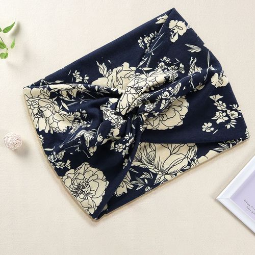 Bandeau Croisé Pour Cheveux En Coton Doux Fleuri Et Feuillages Bleu Marine