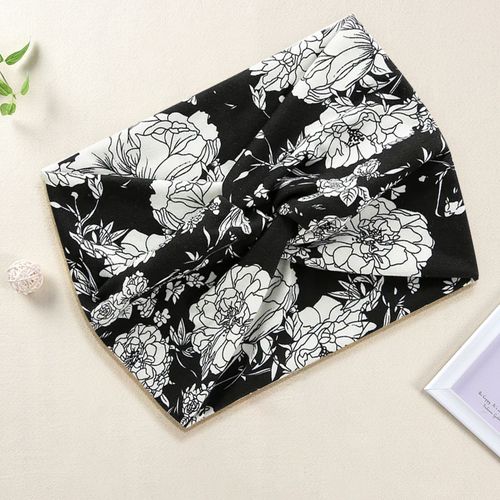 Bandeau Croisé Pour Cheveux En Coton Doux Fleuri Et Feuillages Noir