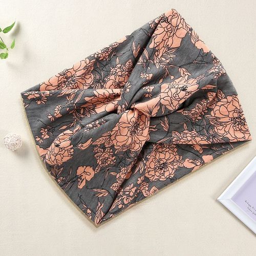 Bandeau Croisé Pour Cheveux En Coton Doux Fleuri Et Feuilllages Gris
