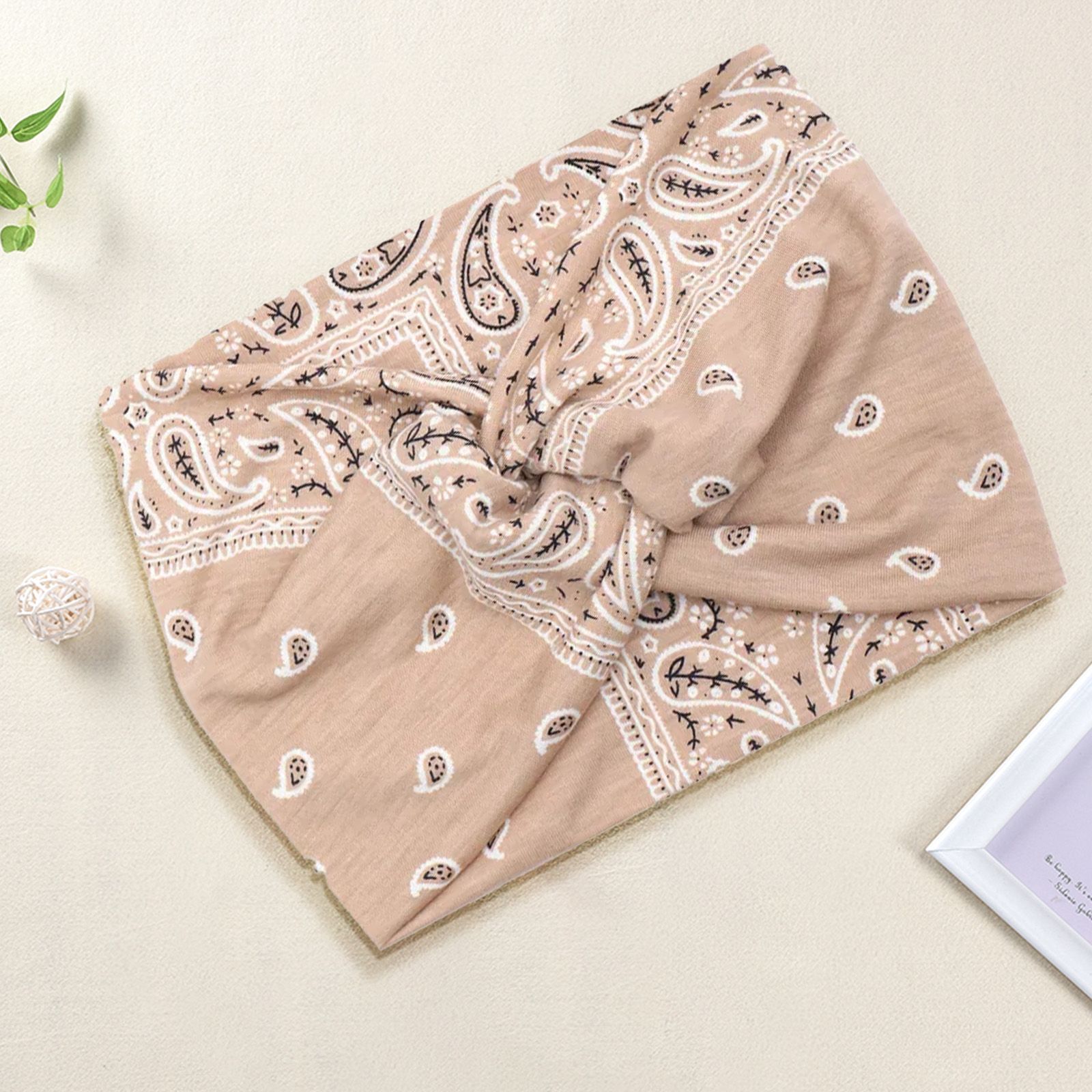 Bandeau Croisé Pour Cheveux En Coton Doux Imprimé Paisley Vintage Beige