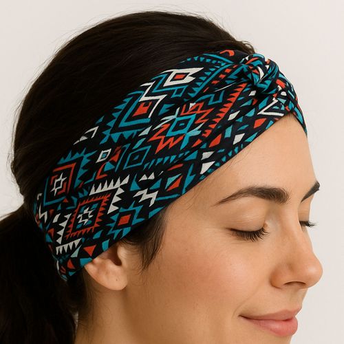Bandeau Croisé Pour Cheveux Casual En Coton Imprimé Aztèque Bleu Et Rouge