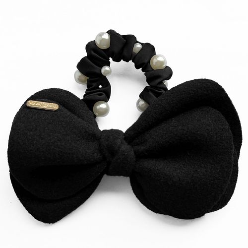Chouchou Élégant Pour Cheveux En Satin À N?ud Et Perles Raffiné Noir