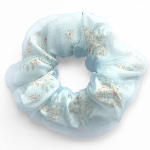 Chouchou Classique Pour Cheveux Double Drapé Fleuri En Voile Délicat Bleu