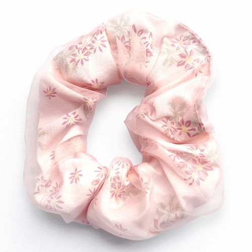 Chouchou Classique Pour Cheveux Double Drapé Fleuri En Voile Délicat Rose