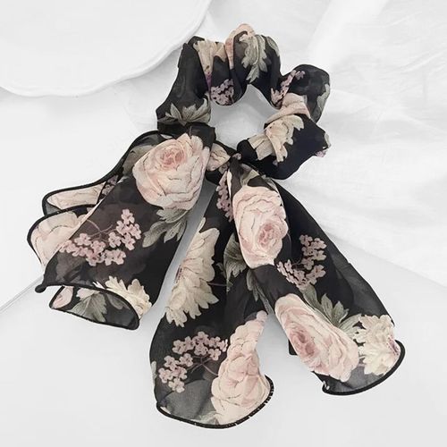 Chouchou Foulard Pour Cheveux En Voile Épais Maxi Floral Bohème Chic Noir