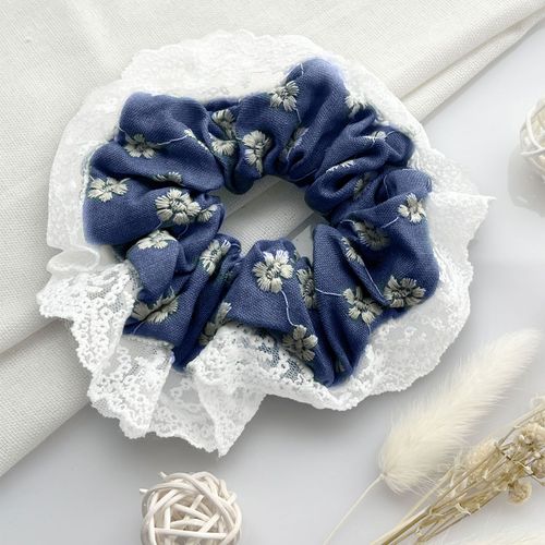 Chouchou Classique Pour Cheveux En Denim Et Dentelle Décontracté Bleu