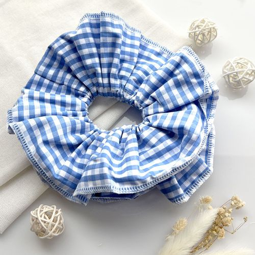 Chouchou Maxi Pour Cheveux En Tissu Plissé Vichy Vintage Bleu