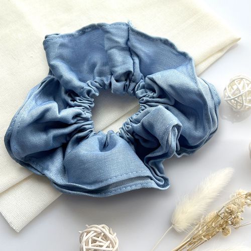Chouchou Classique Pour Cheveux En Tissu Plissé Vintage Bleu