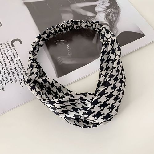 Bandeau Croisé Pour Cheveux En Coton Doux Imprimé Pied De Poule Blanc