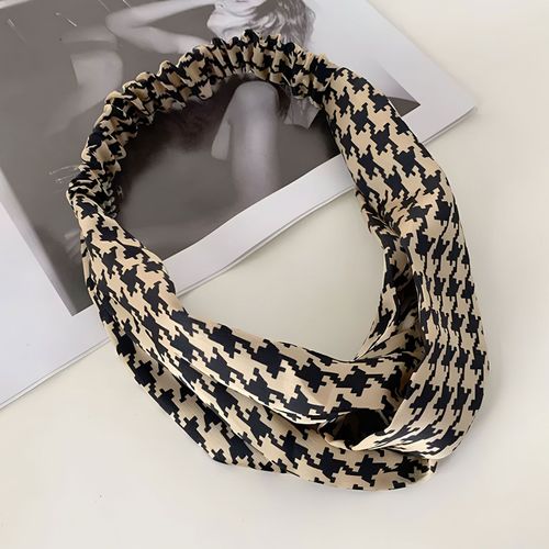 Bandeau Croisé Pour Cheveux En Coton Doux Imprimé Pied De Poule Beige