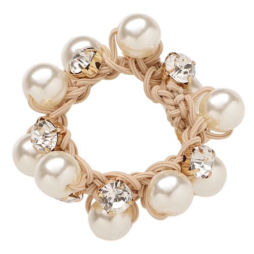 Élastique Élégant Pour Cheveux Tressé À Perles Et Strass Raffiné Beige