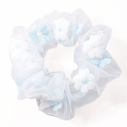 Chouchou Classique Pour Cheveux En Voile Et Fleurs Brodées Délicat Bleu Ciel
