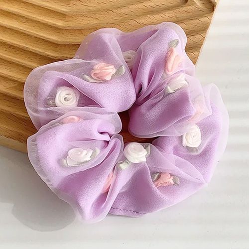 Chouchou Double Épaisseur Pour Cheveux En Tissu Doux Avec Roses En 3d Mauve