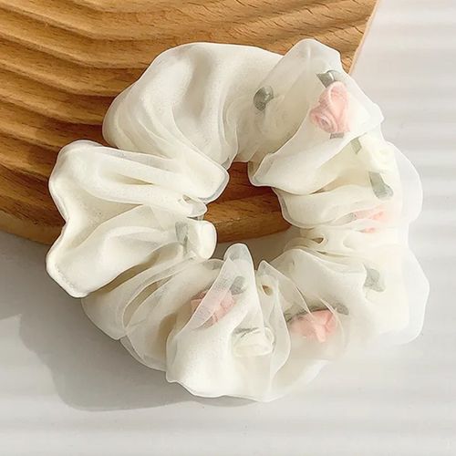 Chouchou Double Épaisseur Pour Cheveux En Tissu Doux Avec Roses En 3d Blanc