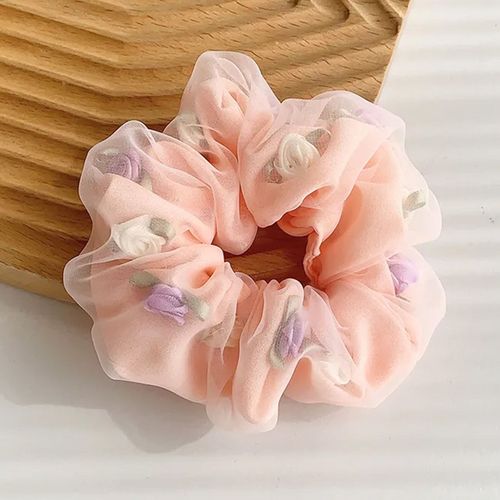Chouchou Double Épaisseur Pour Cheveux En Tissu Doux Avec Roses En 3d Rose