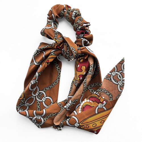 Chouchou Foulard Long Pour Cheveux En Satin Imprimé Équestre Chic Marron