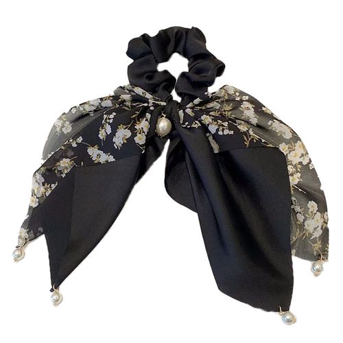 Chouchou Foulard Long Pour Cheveux En Satin Papillon Perlé Subtil Noir