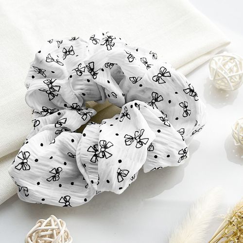 Chouchou Classique Pour Cheveux En Tissu Crêpe Imprimé N?ud Papillon Blanc