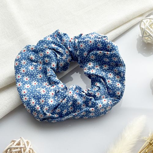 Chouchou Classique Pour Cheveux En Tissu Doux Fleuri Délicat Bleu