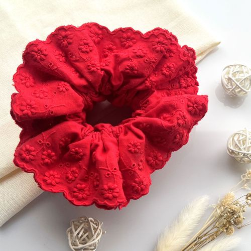 Chouchou Classique Pour Cheveux En Tissu Brodé Vintage Chic Rouge