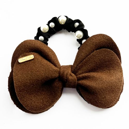 Chouchou Élégant Pour Cheveux En Satin À N?ud Et Perles Raffiné Marron