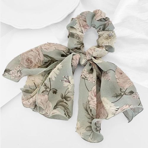 Chouchou Foulard Pour Cheveux En Voile Épais Maxi Floral Bohème Chic Vert