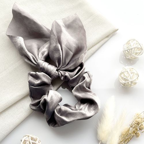 Chouchou Foulard Court Pour Cheveux En Satin Papillon Élégant Gris