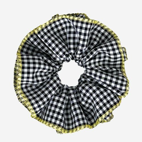 Chouchou Maxi Pour Cheveux En Tissu Plissé Vichy Vintage Noir Et Jaune