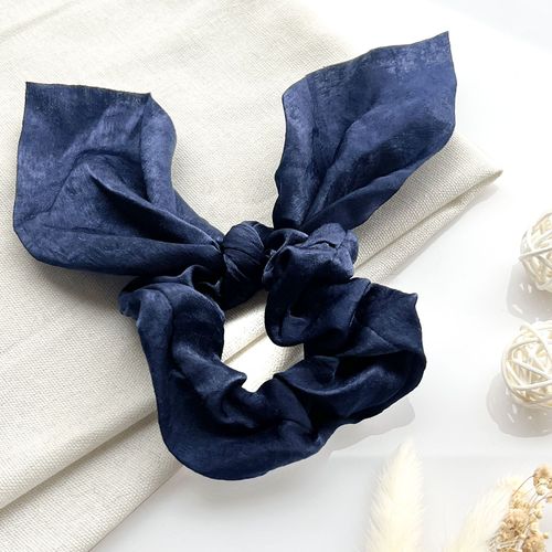 Chouchou Foulard Court Pour Cheveux En Satin Papillon Élégant Bleu Marine