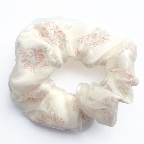 Chouchou Classique Pour Cheveux Double Drapé Fleuri En Voile Délicat Beige