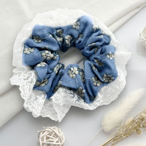 Chouchou Classique Pour Cheveux En Denim Et Dentelle Décontracté Bleu Clair