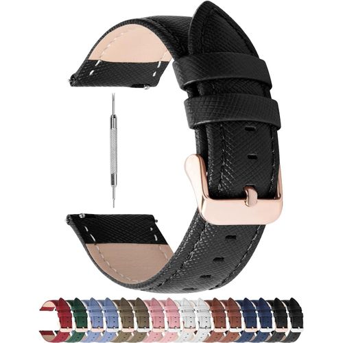 Bracelet De Montre En Cuir Véritable,Cross Montre Bracelet Homme Femme À Dégagement Rapide,22mm Noir+Boucle En Or Rose