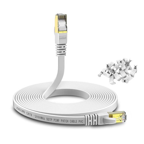 Câble Ethernet 5m Cat 8 Plat, Câble RJ45 Avec Connecteurs Plaqués Or - Cable Réseau LAN Haut Débit 40 Gb/s - 2000 MHz - Blanc