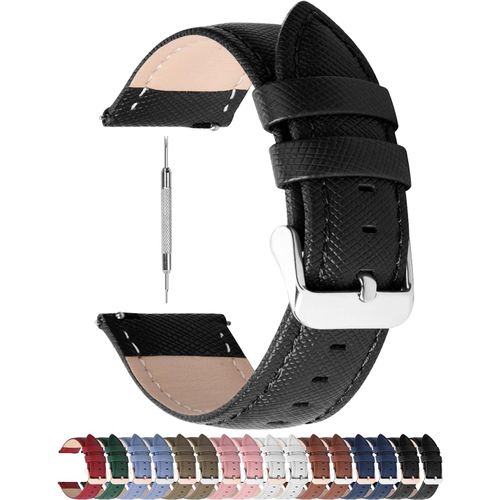 Bracelet De Montre En Cuir Véritable,Cross Montre Bracelet Homme Femme À Dégagement Rapide,18mm Noir+Boucle Argent