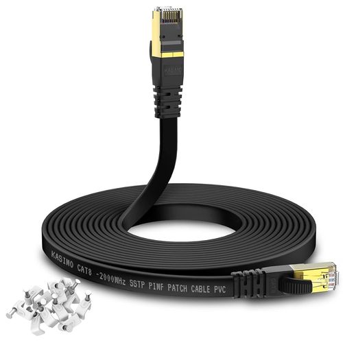 Câble Ethernet 5m Cat 8 RJ45, Câble Internet Plat, Connecteurs Plaqués Or, Réseau Haut Débit de 40 Gigabit/S - 2000 MHz - Noir