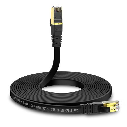 Câble Ethernet Cat 8 RJ45, Câble Internet Plat, Connecteurs Plaqués Or, Réseau Haut Débit de 40 Gigabit/S - 2000 MHz - 3m Noir