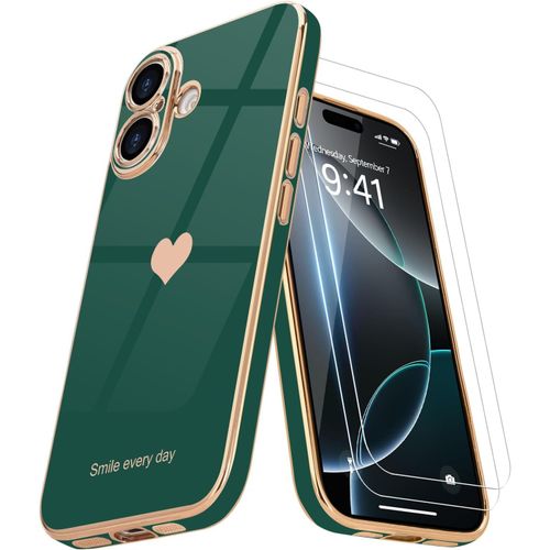 Case Compatible With Iphone 16 Plus + 2 Screen Protector,Girl Case,Electroplated Camera Protective Case For Iphone 16 Plus,Blackish Green