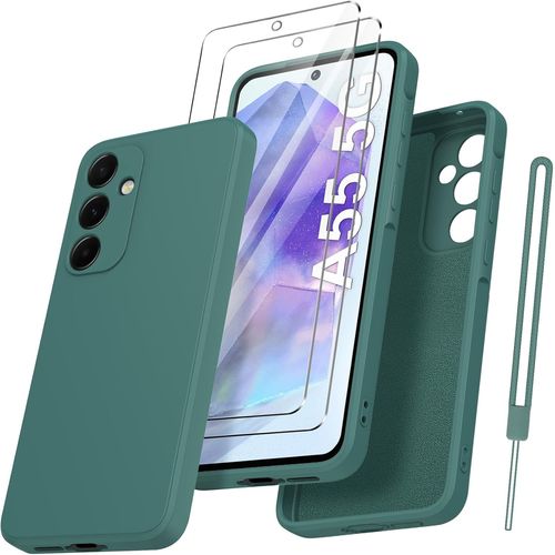Protective Camera Case For Samsung Galaxy A55 With 2 Pieces Tempered Glass,Case For Samsung A55 5g Protective Silicone Shockproof Slim Soft Green