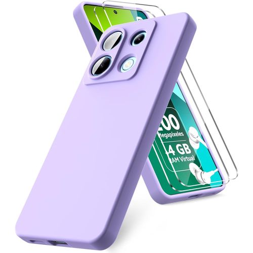 Case Compatible With Xiaomi Redmi Note 13 Pro 5g/Poco X6 5g,2 Tempered Glass Screen Protector,Liquid Silicone Soft Tpu Case,Shockproof Rubber Cover-Helles Lila
