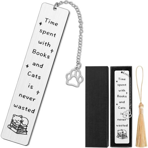 Marque-Page Chat En Acier Inoxydable Pour Femme,Marque-Page Chat En Métal Avec Boîte Cadeau,Cadeau Pour Amoureux De Livres Avec Pompon Pour Lecteurs,Étudiants,Enseignants,École,Bibliothèque