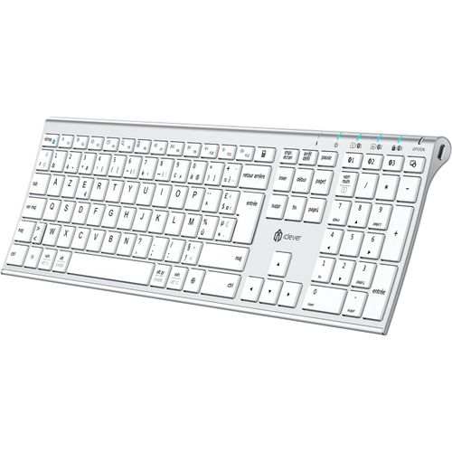 Bluetooth Clavier sans Fil, Rechargeable USB-C, Multi-dispositifs avec 3 Canal Bluetooth5.1, Compatible avec PC/Mac/Portable Windows/iOS/Android, Clavier AZERTY Français, Argent